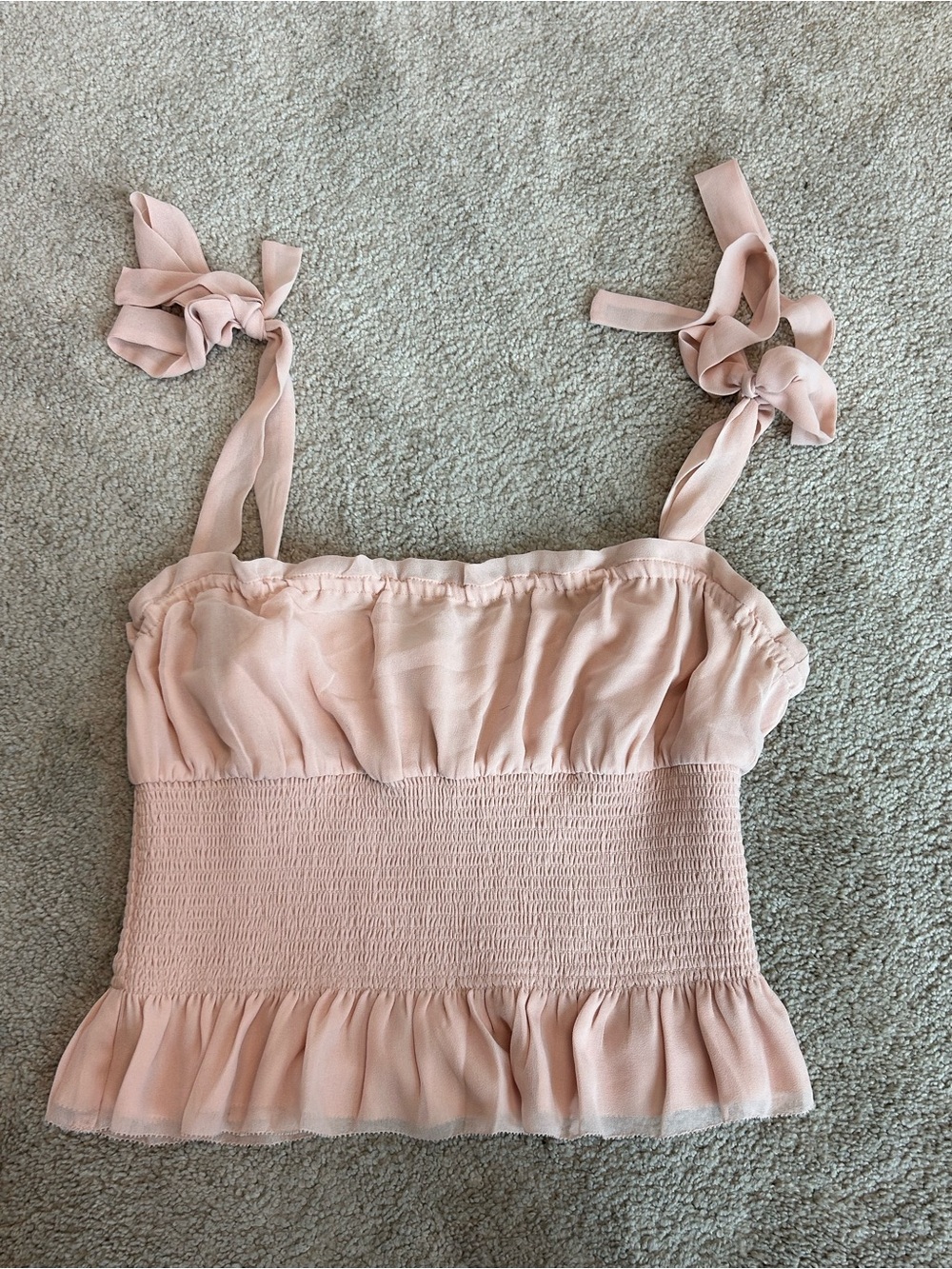Aritzia Wilfred Blush Pink Smocked Tie-Shoulder Peplum Top Romantic Sz M - Picture 7 of 14